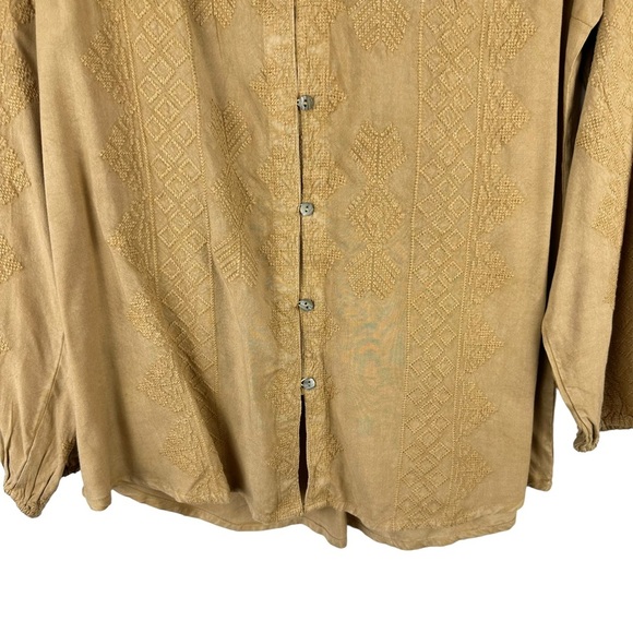 Soft Surroundings Sz L Women's Gold Embroidered Front Ruffle Trim Button Down - Picture 3 of 10